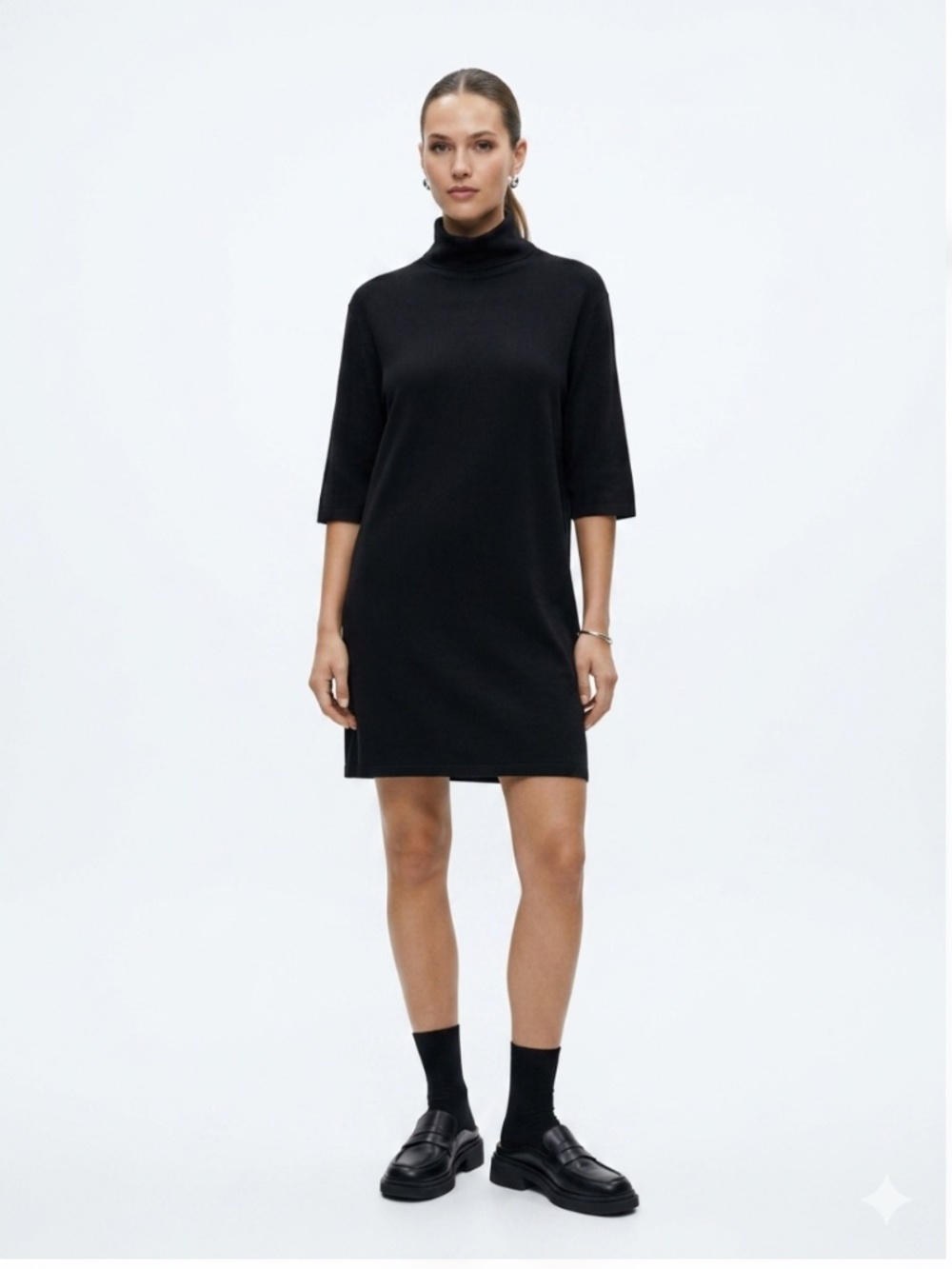 Zara Turtleneck Shift Dress Half Sleeve Knee Length Classic Black Size Large